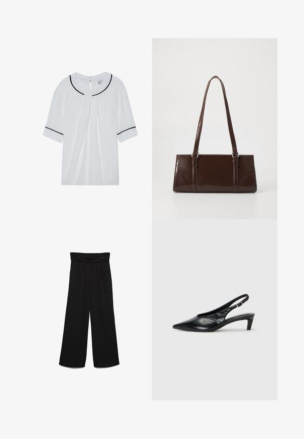 Blusa blanca de manga corta con escote redondo, con ribete negro en el cuello y las mangas, y un cierre de ojal en la parte posterior.; Pantalones negros de pierna ancha con una pretina alta, que cuentan con dos botones frontales y una textura suave. Corte recto con pliegues en la parte delantera.; Tacón de piel negra tipo slingback con punta afilada, tacón bajo tipo kitten y correa ajustable con hebilla. Textura suave con un detalle mínimo.; Bolso de mano de piel sintética marrón con forma rectangular, dos asas largas y sutiles acentos curvados en la parte delantera.