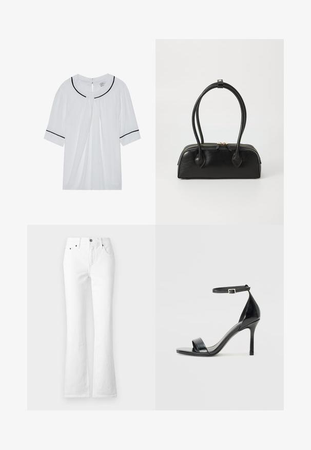 Blouse blanche à manches courtes avec un col rond, ornée de bordures noires le long du col et des manches, et d'une fermeture par œillet dans le dos.; Jean en denim blanc évasé avec une taille haute, cinq poches et une fermeture à bouton. Le tissu a une texture lisse avec des coutures visibles.; Sandale à talon haut en cuir verni noir avec un bout ouvert, une seule lanière à l'avant et une lanière de cheville ajustable.; Sac à main en cuir noir avec deux anses allongées, fermeture éclair et forme arrondie ; texture lisse avec une finition légèrement brillante.