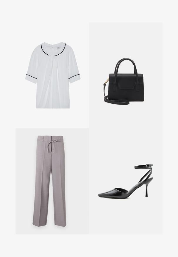 Blouse blanche à manches courtes avec un col rond, ornée de bordures noires le long du col et des manches, et d'une fermeture par œillet dans le dos.; Pantalons larges gris clair en tissu doux, avec une taille à cordon et des plis marqués pour un ajustement structuré.; Escarpin noir à bout pointu avec fines brides de cheville et fermeture à boucle argentée sur fond clair uni.; Sac à main structuré noir en cuir avec une poignée supérieure, une bandoulière détachable et un détail à rabat à l'avant. Accents en matériel doré.