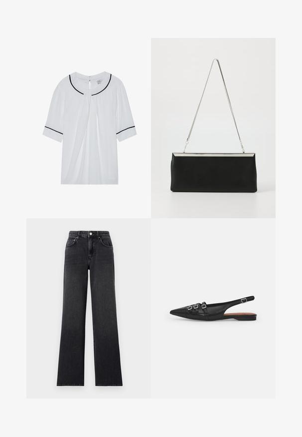 Witte blouse met korte mouwen en een ronde halslijn, voorzien van zwarte afwerking langs de kraag en mouwen, en een keyhole sluiting aan de achterkant.; Zwarte wijd uitlopende jeans van denim, met een hoge taille, riemlussen en een klassieke vijf-pocketontwerp met koperen accenten.; Zwarte leren slingback ballerina met spitse neus, voorzien van twee horizontale bandjes en vierkante zilveren gespen, lage hak en een gladde textuur.; Zwarte leren clutch met een zilveren metalen kettinghandvat en een strakke rechthoekige vorm. Matte textuur en minimalistisch ontwerp met een metallic accent.