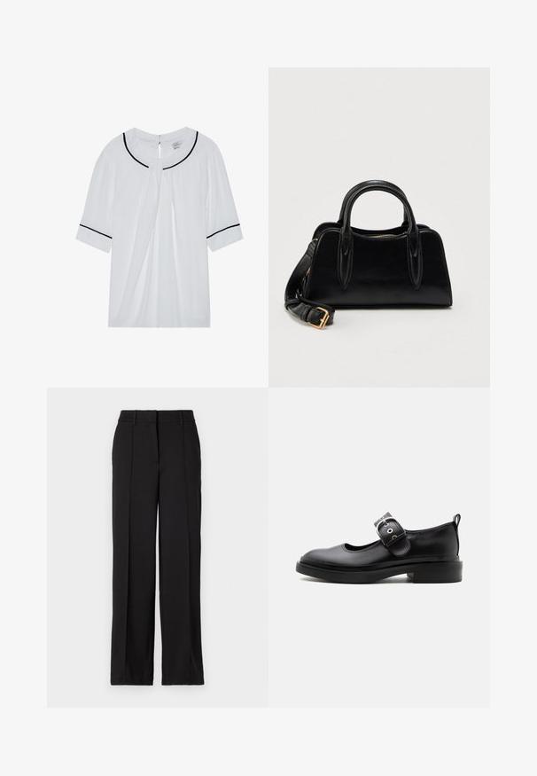 Blusa blanca de manga corta con escote redondo, con ribete negro en el cuello y las mangas, y un cierre de ojal en la parte posterior.; Pantalones negros con un diseño de pierna recta, con dos pliegues en la parte frontal, una cinturilla y sin bolsillos visibles ni adornos.; Zapato Mary Jane de cuero negro con suela gruesa, punta redondeada, correa con hebilla plateada y tirador en la parte trasera.; Bolso de cuero negro con doble asa y una correa de hombro desmontable con hebilla dorada, sobre un fondo blanco liso.