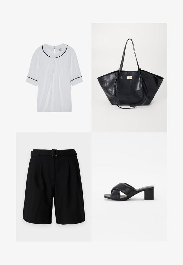Weißes Kurzarmblusenshirt mit Rundhalsausschnitt, ausgestattet mit schwarzem Besatz am Kragen und an den Ärmeln sowie einem Schlüsselrückenverschluss.; Schwarze maßgeschneiderte Shorts mit glatter Textur, breitem Taillenbund und metallischem Schnallen-Detail. Strukturiertes Design und gefaltete Vorderseite.; Schwarze Leder-Sandalen mit Blockabsatz, gekreuzten Riemen, quadratischer Zehenform und glatter Textur. Minimalistisches Design mit niedrigem Absatz für Stabilität.; Schwarze Tragetasche mit Krokodilprägung, glatter Textur, doppelten Schultergriffen und einem zentralen goldfarbenen Hardware-Detail.