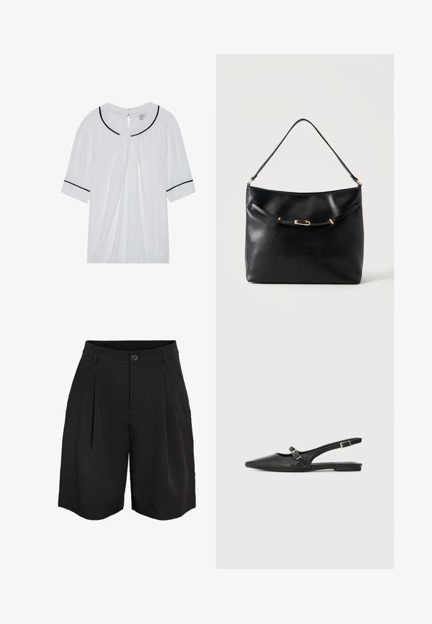 Blouse blanche à manches courtes avec un col rond, ornée de bordures noires le long du col et des manches, et d'une fermeture par œillet dans le dos.; Shorts noirs sur mesure à genoux avec fermeture à boutons, passants pour ceinture et plis avant.; Chaussures slingback en cuir noir avec un bout pointu, comprenant une lanière étroite et un accent de boucle argentée sur le côté. Semelle plate.; Sac à épaule en cuir noir avec une bandoulière unique et un petit détail de boucle dorée à l'avant, sur un fond clair uni.
