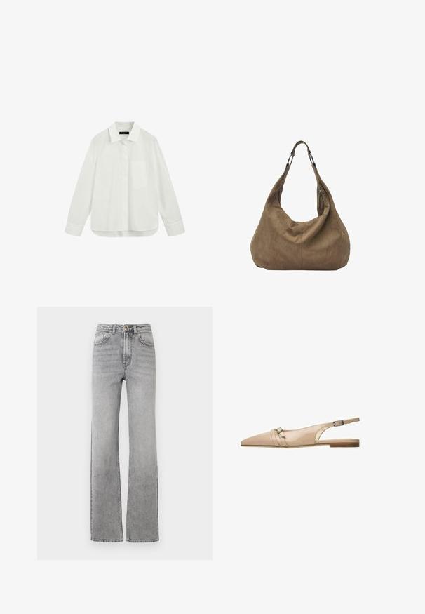 Hvid skjorte med lange ærmer, knapper, spids krave og brystlomme, vist fladt mod en hvid baggrund.; Slidsegrå denimjeans med lige ben, knap- og lynlåsclosure, frontlommer og bæltestropper på en hvid baggrund.; Nøgne patentlæder slingback flade sko med spids tå, justerbar ankelrem og to vandrette bånd hen over fronten. Let træsål.; Brun ruskind hobo-taske med en afslappet form, der har en bred skulderrem og diskrete syninger. Indeholder to lynlåslommer på siderne.