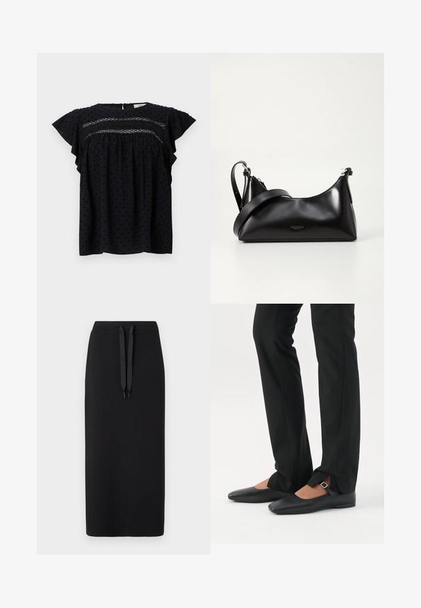 Navyblauw top met korte fladdermouwen, met een getextureerd patroon en kantdetails op de borst. Sluiting van de nek aan de achterkant.; Zwarte midi rok van zacht materiaal, met een trekkoord in de taille. Eenvoudig ontwerp met een rechte silhouette en geen aanvullende patronen.; Benen met zwarte smalle broek met voorsplitten aan de zoom, gecombineerd met zwarte platte Mary Jane-schoenen met een klein gespje.; Zwarte leren handtas met een gladde textuur. Beschikt over een verstelbare schouderband en een strak, minimalistisch ontwerp met een ritssluiting.