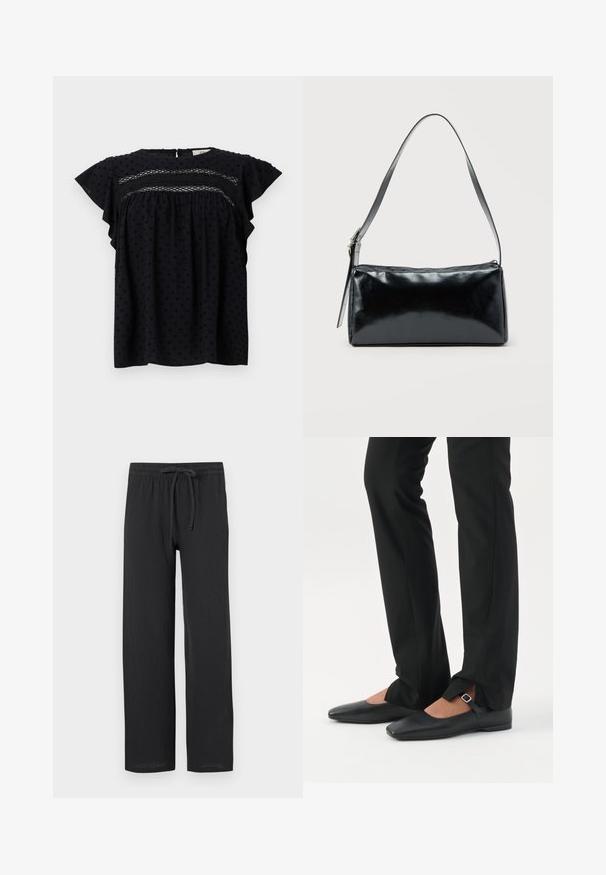Haut bleu marine avec des manches courtes volantées, présentant un motif texturé et des détails en dentelle sur la poitrine. Fermeture au niveau du dos.; Pantalons noirs à coupe décontractée, fabriqués en tissu texturé, dotés d'une taille élastique et d'un cordon de serrage pour un ajustement personnalisable.; Jambes vêtues d’un pantalon slim noir avec des fentes à l’avant de l’ourlet, assorties à des chaussures plates Mary Jane noires avec une petite bride à boucle.; Sac d'épaule rectangulaire noir avec une sangle réglable unique et une fermeture éclair supérieure sur un fond uni.