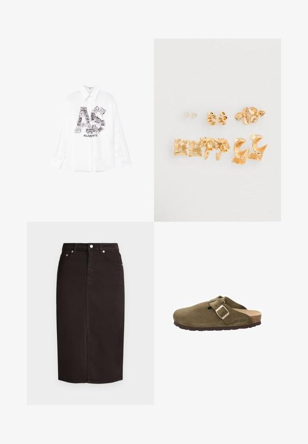 Hvid, langærmet skjorte med krave, der har et grafisk design af kassettebånd, som danner bogstaverne "AS" og "ALLSAINTS."; Sort knælængde denimnederdel med frontslids, bæltestropper og sølvfarvede knapper og nitte detaljer på en ensfarvet baggrund.; Grøn ruskindsklump med en bred rem og metalspænde, korksål og gummiydersål. Har et lille ventilationshul på overdelen.; Sæt med fem par øreringe i guldfarve, inklusive ørestikker og creoler, med teksturerede og blomstrede designs i forskellige former og størrelser.