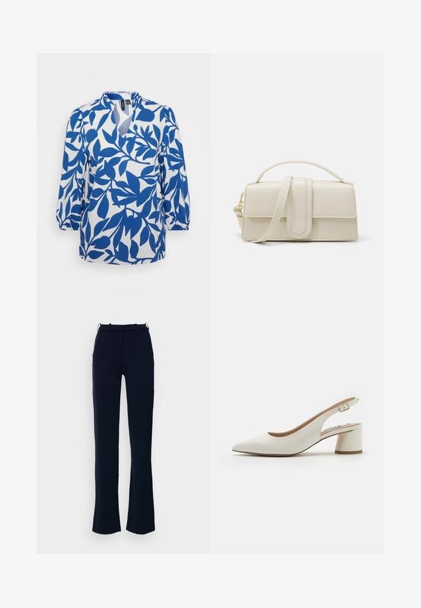 Blauwe en witte blouse met een patroon, featuring een V-hals, driekwart pofmouwen en een bloemen- en bladontwerp op een lichte stof.; Marineblauwe broek met een rechte pijpdesign, gemaakt van een gladde stof, voorzien van ri loopjes en een ritssluiting aan de voorkant.; Witte leren slingback pump met een spitse neus, middelhoge blokhak en verstelbare strap. Gladde textuur; minimalistisch ontwerp.; Crème-kleurige leren handtas met een rechthoekige vorm, platte handgreep en afneembare schouderband; heeft een voorklep met een magnetische sluiting.