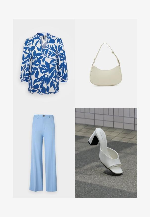 Blouse à motif bleu et blanc avec un col en V, des manches bouffantes trois-quarts et un design floral de feuilles sur un tissu léger.; Pantalon large bleu clair en tissu lisse, équipé d'une fermeture à bouton et de poches avant. Design épuré et ajusté sans motifs.; Une mule blanche à bout ouvert avec talon bloc posée sur un bitume gris devant un mur carrelé.; Pieces PCALUANA SHOULDER BAG - Sac à main - birch
