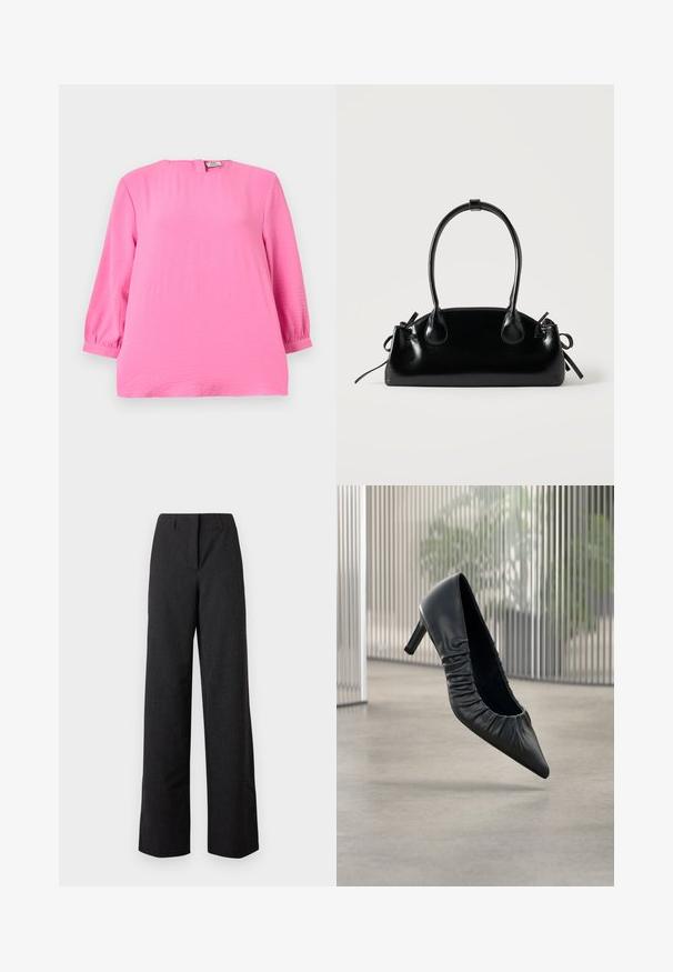 Blouse rose vif à manches longues avec un col rond et une légère texture, dotée d'une fermeture éclair au dos et de manches à revers.; Pantalon large noir taille haute pour femme, avec une fermeture avant dissimulée et des passants pour ceinture.; Escarpin en cuir noir à talon haut avec bout pointu et texture froncée sur la tige. Finition lisse ; hauteur de talon modérée.; Petit sac à main noir brillant avec deux longues anses et des détails à cordon sur les côtés sur un fond clair uni.
