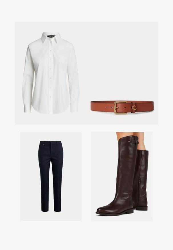 Hvid langærmet skjorte med knapper, klassisk krave og synlige knapper foran, vist på en ensfarvet baggrund.; Marineblå chinos lavet af bomuldsblanding med et tilspidset fit, flad front, sidelommer og en enkelt baglomme; har et lille guldlogo.; Brune læder knæhøje støvler med rund tå, side lynlås og en lille spænde detalje øverst, med en glat overflade.; Brunt læderbælte med guldlås og lille guld RLL-logo på løkken, lagt fladt på en lys grå baggrund.