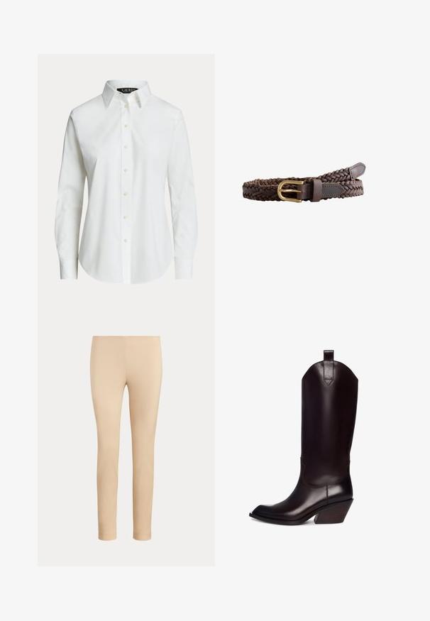 Weißes langärmeliges Hemd mit klassischem Kragen und sichtbaren Knöpfen vorne, auf einfachem Hintergrund präsentiert.; Beige, figurbetonte, knöchellange Hose mit glatter Oberfläche und ohne sichtbare Taschen oder Verzierungen auf einfarbigem Hintergrund.; Braune Leder-Cowboy-Stiefel mit spitzem Zehenbereich, hohem Schaft und schrägem Holzabsatz. Verfügt über eine Schlaufe für ein einfaches Anziehen.; Brauner geflochtener Ledergürtel mit goldfarbenem Metallverschluss und genähten Lederenden, aufgerollt vor weißem Hintergrund.