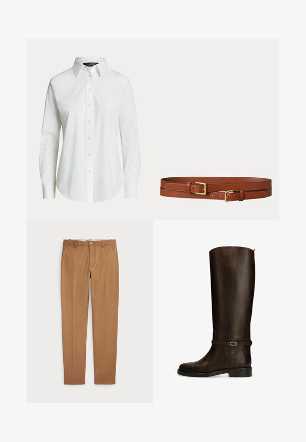 Wit overhemd met lange mouwen en knopen, met een klassieke kraag en zichtbare knopen aan de voorkant, getoond op een effen achtergrond.; Bruine katoenen broeken met een slim-fit ontwerp, vlakke voorkant en standaardzakken; gladde textuur en afgewerkte manchetten.; Hoge donkerbruine leren rijlaars met platte hak en een decoratieve band met zilveren gesp rond de enkel.; Bruine leren dubbele riem met twee goudkleurige gespen en stiksel details op een effen lichte achtergrond.