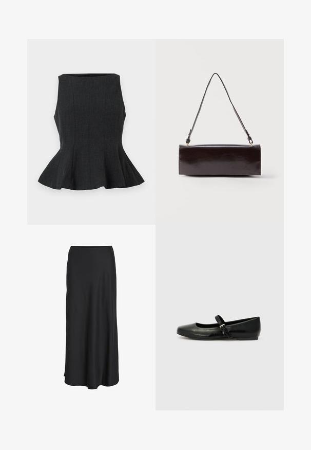 Top peplum negro sin mangas con un diseño estructurado. Presenta una tela texturada y un dobladillo acampanado, ofreciendo un aspecto ajustado.; Falda larga negra confeccionada en una tela suave y ligera. Presenta una silueta sencilla en línea A con un dobladillo ligeramente acampanado y sin cierres visibles.; Bailarinas de cuero negro con punta redondeada, suela plana y una delgada correa ajustable en el empeine que cuenta con una hebilla de metal.; Bolso rectangular de cuero negro con una sola correa larga y acabado brillante, exhibido sobre un fondo blanco liso.
