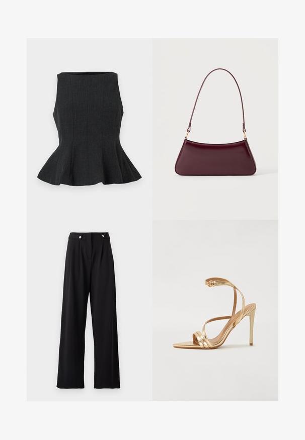 Sort, ærmeløs peplum-top med en struktureret design. Har et tekstureret stof og en flared kant, der giver et skræddersyet look.; Sorte vidde bukser med en glat tekstur, der har høj talje, fejre folder og metalknapdetaljer.; Even&Odd by Zalando Sandaler - gold; Mørk burgunderglans håndtaske med et enkelt tyndt håndtag og en elegant, trapezformet form på en ensartet lys baggrund.