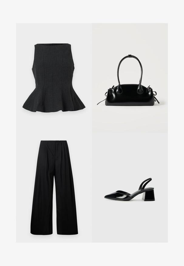 Schwarzes, ärmelloses Peplum-Top mit strukturiertem Design. Es verfügt über einen texturierten Stoff und einen ausgestellten Saum, der einen maßgeschneiderten Look bietet.; Schwarze weite Hose mit hoher Taille, versehen mit vertikalen Falten und einem Knopfverschluss. Glatte Textur, minimalistisches Design.; Schwarze Lackleder-Slingback-High Heels mit spitzem Schuh und einem geometrischen Blockabsatz. Verfügt über ein schlankes, minimalistisches Design und eine glatte Textur.; Kleine schwarze glänzende Handtasche mit zwei langen Griffen und seitlichen Kordelzug-Details vor einfachem hellem Hintergrund.