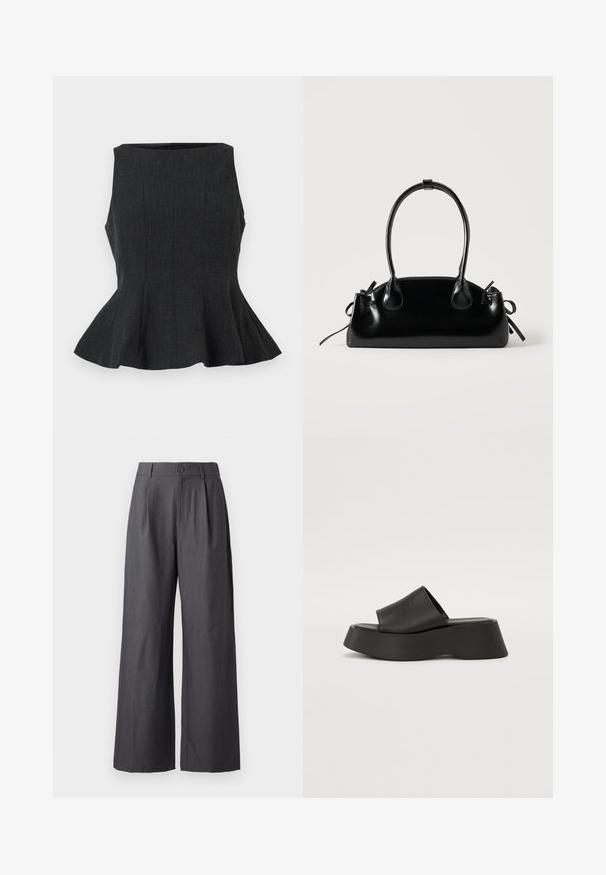 Schwarzes, ärmelloses Peplum-Top mit strukturiertem Design. Es verfügt über einen texturierten Stoff und einen ausgestellten Saum, der einen maßgeschneiderten Look bietet.; Dunkelgraue, weit geschnittene Hose mit Falten, Gürtelschlaufen und Knopfverschluss an der Taille, auf einfarbigem Hintergrund dargestellt.; Schwarze Plateausandalen mit einem breiten Riemen und einer klobigen Sohle. Aus glattem Material mit mattem Finish und ohne sichtbare Hardware gefertigt.; Kleine schwarze glänzende Handtasche mit zwei langen Griffen und seitlichen Kordelzug-Details vor einfachem hellem Hintergrund.