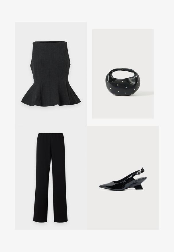 Top peplum negro sin mangas con un diseño estructurado. Presenta una tela texturada y un dobladillo acampanado, ofreciendo un aspecto ajustado.; Pantalones de pierna ancha negros con cintura elástica, hechos de una tela suave, que presentan un diseño limpio y minimalista sin adornos.; Zapato slingback de cuero charol negro con puntera puntiaguda y tacón bajo en bloque inclinado sobre fondo claro liso.; Bolso de mano de cuero negro con forma redondeada, decorado con detalles de tachuelas plateadas y un asa corta. Textura lisa y cierre con cremallera.
