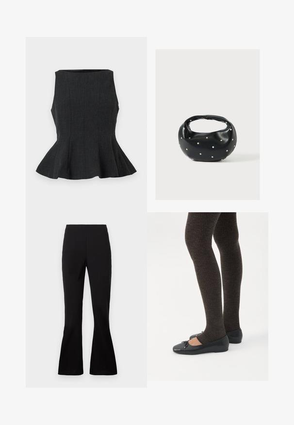 Sort, ærmeløs peplum-top med en struktureret design. Har et tekstureret stof og en flared kant, der giver et skræddersyet look.; Sorte flare-bukser lavet af et glat stof. Har en høj talje og en tætsiddende silhuet, der bredder sig ved kanten.; Ben iført mørke ribbede leggings kombineret med sorte balletsko med små sløjfedetaljer på hvid baggrund.; Sort læderhåndtaske med en rundet form, dekoreret med sølvnitter, og et kort håndtag. Glat tekstur og lynlåslukning.