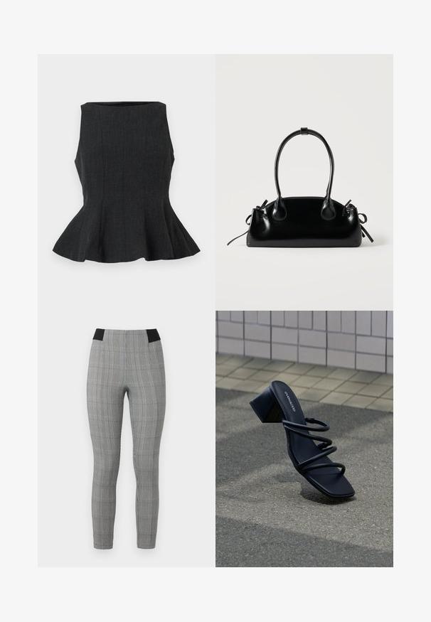 Top peplum negro sin mangas con un diseño estructurado. Presenta una tela texturada y un dobladillo acampanado, ofreciendo un aspecto ajustado.; Leggings de cuadros grises con un diseño ajustado, que presentan una cinturilla elástica negra y bolsillos laterales. Tela texturizada con un patrón de cuadros.; Sandalia negra con punta cuadrada, tres tiras finas y tacón grueso sobre pavimento cerca de pared de azulejos.; Pequeño bolso negro brillante con dos asas largas y detalles de cordón lateral sobre un fondo claro liso.