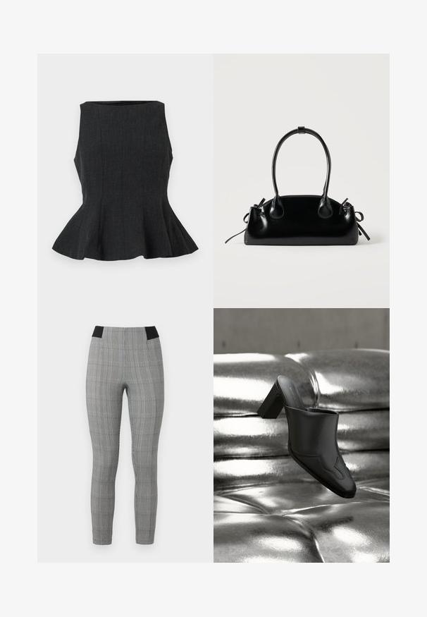 Sort, ærmeløs peplum-top med en struktureret design. Har et tekstureret stof og en flared kant, der giver et skræddersyet look.; Grå ternede leggings med en tætsiddende pasform, der har en sort elastisk talje og sidelommer. Tekstureret stof med et ternet mønster.; Sort lædermule med blokhæl hvilende på en skinnende sølvpolstret overflade, der fremhæver dens elegante design og buede detaljer.; Lille sort blank håndtaske med to lange håndtag og snøre-detaljer i siden på en ensfarvet lys baggrund.