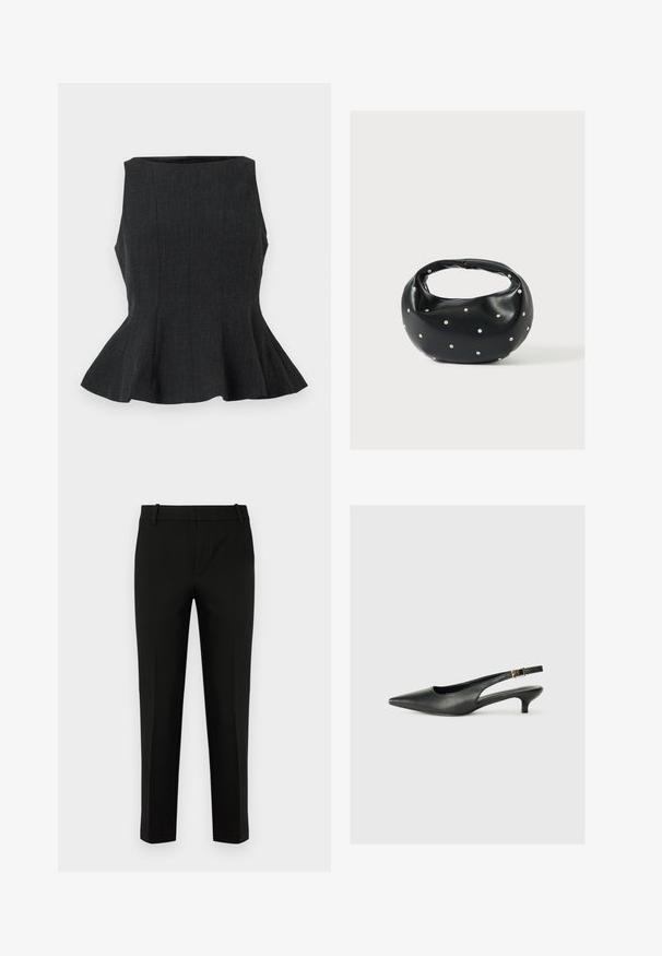 Zwarte, mouwloze peplumtop met een gestructureerd ontwerp. Beschikt over een textuurstof en een uitlopende zoom, die een op maat gemaakte uitstraling biedt.; Zwarte slim-fit broek, met een vlakke voorkant, zijzakken en een soepele textuur. Ontworpen met een gemiddelde taillehoogte en taps toelopende pijpen.; Zwarte puntschoen met slingback van soepel leer. Kenmerkt zich door een dunne hak en een gespdetail op de verstelbare band.; Zwarte leren handtas met een afgeronde vorm, versierd met zilveren studs, en een korte handgreep. Gladde textuur en ritsluiting.