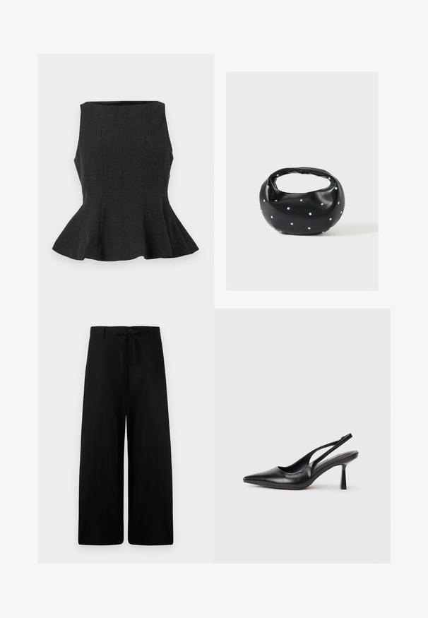 Čierny, bezrukávový peplum top so štruktúrovaným dizajnom. Obsahuje textúrovanú látku a rozšírený lem, čo poskytuje upravený vzhľad.; Široké čierne ľanové nohavice s pásom na sťahovanie a gombíkovým zapínaním. Majú hladkú textúru a voľný siluet.; Čierna kožená sandálová vysoká topánka s špicatou špičkou a štíhlým podpätkom na bielom pozadí.; Čierna kožená kabelka s zaobleným tvarom, zdobená striebornými cvočkami a krátkym rúčkou. Hladká textúra a zapínanie na zips.