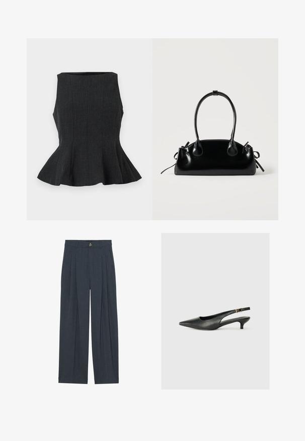 Haut peplum sans manches noir avec un design structuré. Doté d'un tissu texturé et d'un ourlet évasé, offrant un look ajusté.; Pantalons larges en tissu texturé gris foncé, avec des plis avant, une fermeture à bouton et des poches latérales pour plus de fonctionnalité.; Chaussure slingback noire à bout pointu en cuir lisse. Présente un talon fin et un détail de boucle sur la sangle réglable.; Petit sac à main noir brillant avec deux longues anses et des détails à cordon sur les côtés sur un fond clair uni.