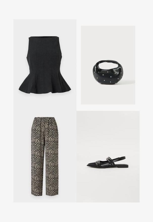 Top peplum negro sin mangas con un diseño estructurado. Presenta una tela texturada y un dobladillo acampanado, ofreciendo un aspecto ajustado.; Pantalones de pierna ancha hechos de un tejido ligero, con un patrón de rayas de cebra negro y beige y un acabado texturizado. Cintura elástica.; Even&Odd by Zalando Bailarinas con tira trasera - black; Bolso de mano de cuero negro con forma redondeada, decorado con detalles de tachuelas plateadas y un asa corta. Textura lisa y cierre con cremallera.