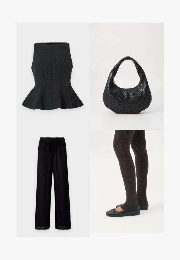 Musternäidud, varrukateta peplum-top, millel on struktureeritud disain. Omab tekstuurset kangast ja laienevat hemmi, pakkudes vormitud ilmet.; Mustad laiad püksid tekstuuriga kangast, millel on seotud vöökoht ja lõdvestunud lõige. Äär on veidi läbipaistev ja sirge siluetiga.; Jalad seljas tumedad soonelises soonelises kombines mustade baleriinadega, millel on väikesed paelade detailid valgel taustal.; Must mustratud käekott, millel on kõver käepide, tekstuuriga pind ja lõtv kuju. Sile viimistlus orgaanilise siluetiga.