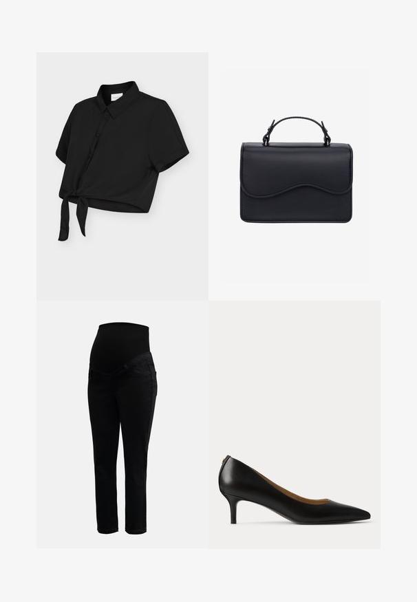 Zwarte cropped blouse met korte mouwen, knopen aan de voorkant, een puntige kraag en een geknoopt knoopje aan de zoom, afgebeeld op een lichte achtergrond.; Zwarte zwangerschapsjeans met een rekbare hoge tailleband en slanke pijpen, ontworpen voor comfort en ondersteuning tijdens de zwangerschap.; Zwarte leren pump met puntige neus, lage kittenhak en een gladde afwerking, zijaanzicht op een effen lichte achtergrond.; Zwarte leren handtas met een glad golvend klepje en een gebogen bovenhandvat tegen een effen achtergrond.
