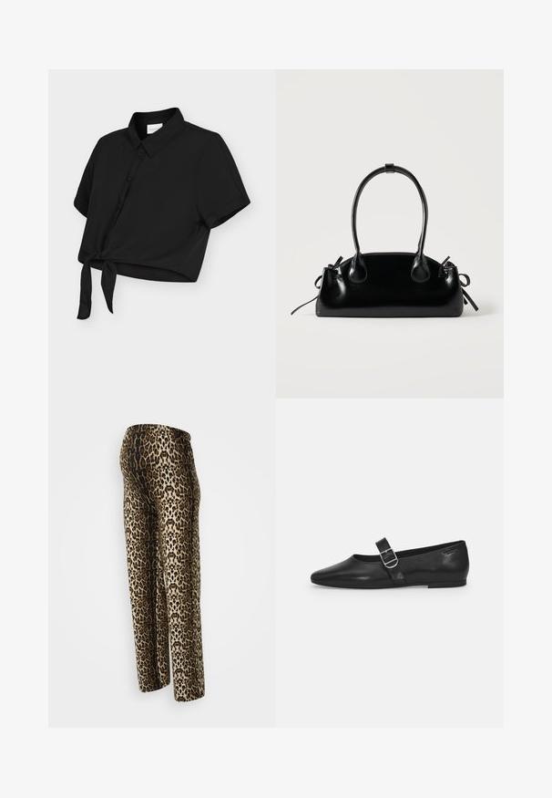 Blusa corta negra de manga corta con botones delante, cuello puntiagudo y nudo atado en el dobladillo, mostrada sobre fondo claro.; Pantalones de estampado de leopardo, con una textura suave, cinturilla elástica y corte relajado. Los colores incluyen beige, marrón y negro.; Zapato plano de cuero negro con punta redondeada, una sola correa ajustable con hebilla y una textura suave y brillante. Diseño minimalista con un tacón bajo.; Pequeño bolso negro brillante con dos asas largas y detalles de cordón lateral sobre un fondo claro liso.