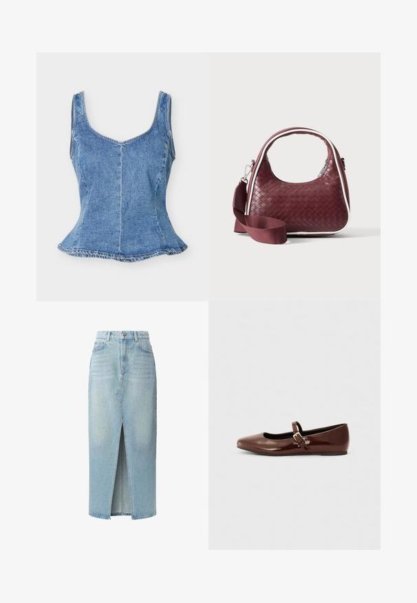 Blå denim ærmeløs tætsiddende top med rund halsudskæring og let udvidet kant, vist på hvid baggrund.; Lys blå denimnederdel med en fortil åbning, fem lomme-design og bæltestropper. Fremstillet af bomuld med en glat tekstur og let falmede detaljer.; Brun patentlæder balletflade med firkantet tå og strop med en lille guldbuckle. Glat tekstur, lav hæl og minimalistisk design.; Mørkerød vævet lædertaske med buet hank, hvid kant, sølv lynlås og aftagelig bred stofskulderrem mod en ensfarvet baggrund.
