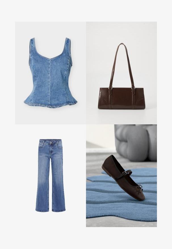 Modrý rifľový priliehavý top bez rukávov s výstrihom dookola a mierne rozšíreným spodkom, zobrazený na bielom pozadí.; My Essential Wardrobe MWLOUIS HIGH WIDE - Džínsy s rovným strihom - medium blue wash; Tmavohnedá Mary Jane balerína s prackou a mašličkou ležiaca na vlnitej modrej textúrovanej koberčeku a v pozadí sivá čalúnená pohovka.; Hnedá lakovaná kožená kabelka s obdĺžnikovým tvarom, dvoma dlhými rúčkami a jemne zakrivenými akcentami na prednej strane.