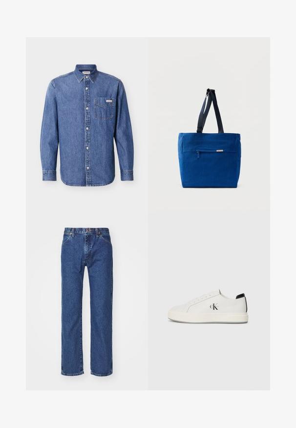 Denim overhemd in medium blauw met lange mouwen, knoopsluiting aan de voorkant en een borstzak met een logo patch. Klassiek kraagontwerp.; Rechtermode blauwe denim jeans met een voorste knoop, ritssluiting, riemlussen en vijf-vakken ontwerp op een effen witte achtergrond.; Witte leren sneakers met een ronde neus, platte rubberen zool en zwarte hielaccent. Voorzien van een prominent zwart Calvin Klein-logo aan de zijkant.; Blauwe canvas boodschappentas met een voorvak met rits, dubbele schouderbanden en een rechthoekige vorm. Heeft een subtiel merklabel.