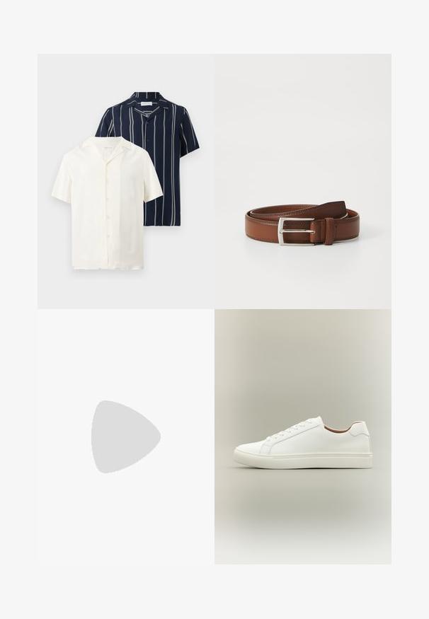 Deux chemises à manches courtes boutonnées, une blanche unie et une bleu marine à rayures blanches verticales, présentées sur un fond uni.; Shorts en coton beige avec ceinture élastique, fermeture par bouton et détail de couture à l’avant sur fond blanc.; Baskets blanches basses avec fermeture à lacets et semelle plate, vues de côté sur un fond neutre.; Ceinture en cuir brun au fini lisse, avec une boucle en métal argenté et une couture subtile le long des bords. Design classique et durable.