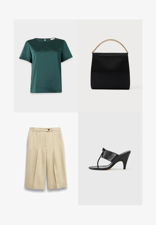 Blouse en satin vert foncé à manches courtes avec un col rond et une petite fermeture par bouton à l'arrière, présentée sur un fond gris clair uni.; Shorts beige tailleur longueur genou avec plis à l'avant, poches latérales, passants pour ceinture et une fermeture à bouton unique foncé à la taille.; Sandale noire à talon haut avec une large bride avant et une boucle d'orteil dotée d'un détail de corde nouée, vue de profil sur fond blanc.; Sac noir en tissu lisse, présentant une forme structurée, une poignée en chaîne dorée et un design géométrique minimaliste.