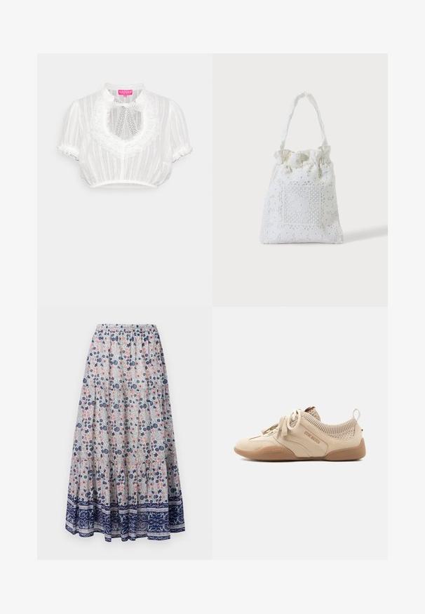 Witte cropped blouse met korte mouwen, voorzien van een kantkraag, een sleutelgatdetail en een streeppatroon. Zachte, gestructureerde stof.; Florale maxi rok met een grijze achtergrond, versierd met roze en blauwe bloemen, gelaagd ontwerp en een marineblauwe patroonrand. Elastische tailleband.; Beige Steve Madden sneaker met gebreide enkelkraag, veters aan de voorkant, panelen van suède en leer, en een rubberen zool.; Witte stoffen draagtas met kanten bloemenborduurwerk en een geplooid bovenhandvat, getoond tegen een effen lichte achtergrond.