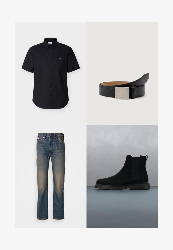Sort kortærmet skjorte med knapper, krave og lille hvid "CK"-logo på venstre bryst mod ensfarvet baggrund.; Højtaljede blå jeans lavet af denim, med et lige ben-design, falmede slidte lapper og traditionel fem-lomme stil.; Sort ankelstøvle lavet af glat materiale med diskrete syninger, en gummisål og et strømlinet design, placeret over en overflade med træstruktur.; Sort læderbælte med en glat finish, der har en sølv firkantet spænde med indgraveringen "Calvin Klein" og en brun indvendig foring.