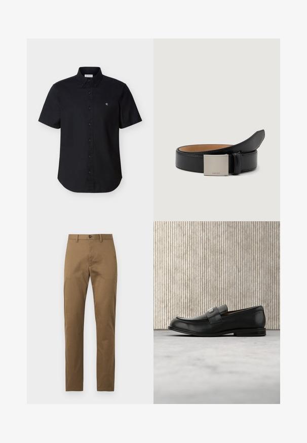 Chemise noire à manches courtes avec col et petit logo blanc "CK" sur le côté gauche de la poitrine sur fond uni.; Pantalon chino kaki homme coupe slim avec passants de ceinture, fermeture boutonnée devant et jambes droites sur fond uni.; Mocassin en cuir noir avec une plaque de marque en métal reposant près d'une table ronde marron sur un sol recouvert de moquette beige.; Ceinture en cuir noir au fini lisse, avec une boucle carrée en argent gravée "Calvin Klein" et une doublure intérieure en marron.