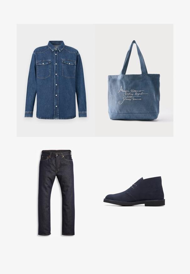 Donkerblauw denim overhemd met een knoopsluiting aan de voorkant, een puntige kraag, twee borstzakken en lange mouwen met knoopmanchetten.; Donkerblauwe denim jeans met rechte snit, vijf zakken, metalen hardware en contrasterende oranje stiksels. Glad oppervlak, geen zichtbare patronen.; Marineblauwe suedenveterschoen met een ronde teen, een ontwerp met twee oogjes en een zwarte rubberen zool. Kenmerkt zich door stiksel langs de rand van de zool.; Blauwe denim draagtas met twee handvatten, voorzien van witte cursieve tekst met de woorden "Maison Kitsuné Palais Royal 75001 Parijs, Frankrijk."