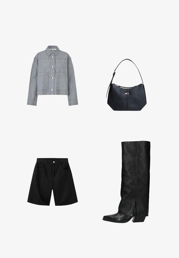 Gestreepte blousejack met knopen, lange mouwen, opgestikte zakken en een omgeslagen kraag in blauw-witte verticale strepen.; Zwarte denimshorts met knoop aan de voorkant, riemlussen en twee voorzakken, getoond tegen een witte achtergrond.; Hoge zwarte leren laarzen met een vierkante neus en een blokhak. Heeft een gladde textuur en een split aan de achterkant voor extra detail.; Zwarte gestructureerde leren schoudertas met verstelbare band en klein rechthoekig logovignet vooraan in het midden.