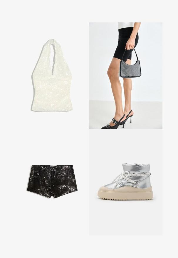 Hvid paillet halterneck-top med bølget dyb V-udskæring og tætsiddende talje, lagt fladt på en hvid baggrund.; Sorte pailletshorts med en tætsiddende design. Har glitrende pailletter, glat tekstur og en taljeelastik for en sikker pasform.; Sølvmetallic ankelstøvle med polstret overdel, hvide snørebånd og beige platformsål, der har en struktureret gummibund for bedre greb.; Sort perlehandtaske med en buet silhuet, bærehåndtag og blank overflade. Båret med højhælede sorte sko og tætsiddende sorte shorts.