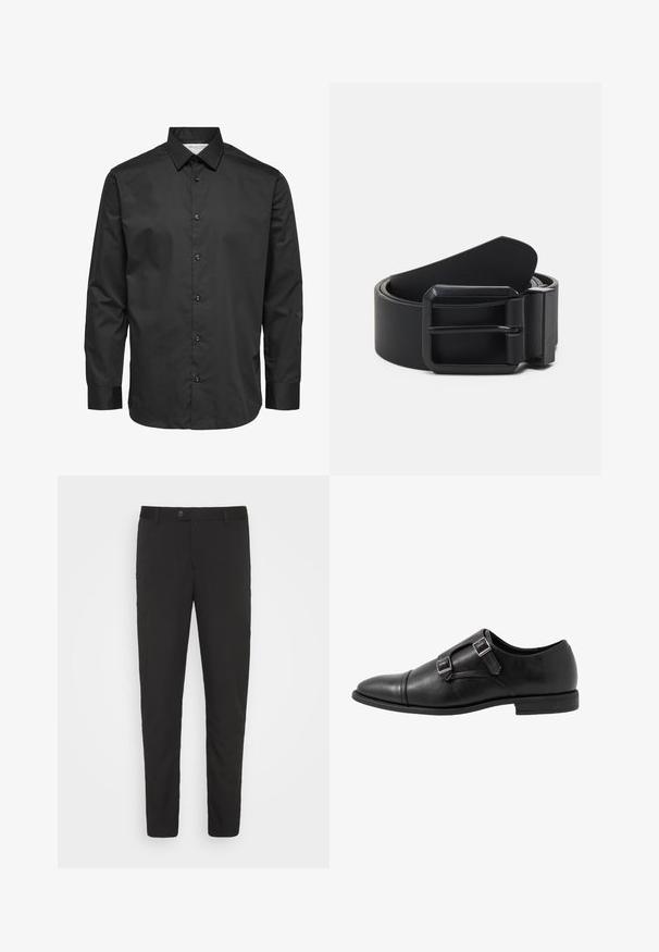 Chemise noire pour homme à manches longues avec fermeture à boutons et col classique, présentée sur fond blanc.; Pantalons noirs taillés avec une coupe droite, poches avant et fermeture à bouton. Fabriqués en tissu lisse avec un léger éclat.; Chaussure monk strap en cuir noir avec deux boucles en argent, design à bout capteur, bout rond et semelle en caoutchouc de profil bas. Texture lisse, silhouette élégante.; Ceinture en cuir noir avec une boucle en métal noir mat, présentant une surface plate et lisse et une extrémité effilée. Design simple sans embellissements.