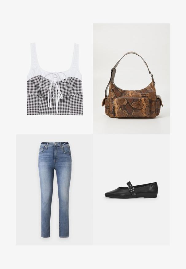 Zwart-witte geblokte crop top met een textuur bovenkant in wit, vierkante halslijn en verstelbare strik in het midden. Heeft brede schouderbanden.; Lichtblauwe hoge taille jeans met een slim fit, voorzien van vijf zakken en een rits, gemaakt van denim met een gladde textuur.; Zwarte leren platte schoen met een ronde neus, een enkele verstelbare gespsluiting en een gladde, glanzende textuur. Minimalistisch ontwerp met een lage hak.; Bruine handtas met slangenprint, voorzien van een gestructureerd oppervlak, een gebogen ontwerp, een enkele schouderband en één voorzijde ritsvak.