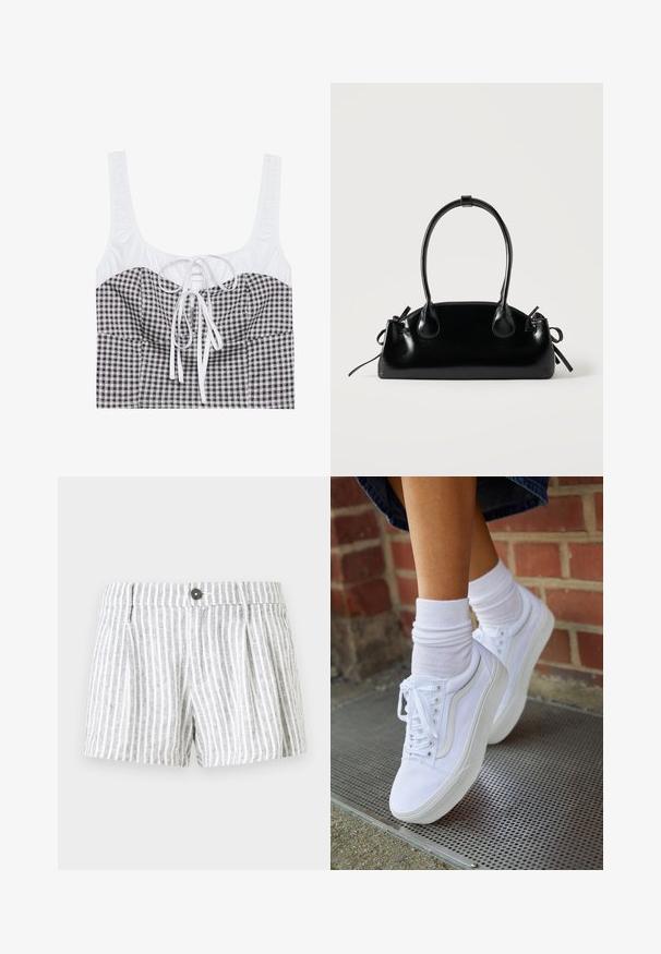 Schwarz-weißer kariertes Crop-Top mit strukturiertem weißen Oberteil, quadratischem Ausschnitt und verstellbarem Band in der Mitte. Verfügt über breite Träger.; Gestreifte Shorts in Hellgrau und Weiß, mit Knopfverschluss, Falten an der Vorderseite und einem weichen, strukturierten Stoff.; Weiße Leinensneaker mit Gummisohlen, ausgestattet mit sechs Ösen, runder Zehenpartie und dezenten Nähten, kombiniert mit weißen Knöchelsocken.; Kleine schwarze glänzende Handtasche mit zwei langen Griffen und seitlichen Kordelzug-Details vor einfachem hellem Hintergrund.