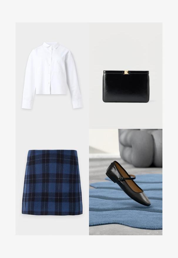 Chemise blanche à manches longues avec col et poche devant, posée à plat sur un fond clair uni.; Jupe mini en tartan bleu foncé et marine, fabriquée en tissu doux avec une finition légèrement texturée. Présente une coupe droite et des lignes épurées.; Chaussure Mary Jane en cuir noir avec bride à boucle, posée sur un tapis bleu texturé, avec un canapé gris capitonné flou en arrière-plan.; Pochette rectangulaire en cuir noir avec une petite fermeture rectangulaire en or sur le dessus, sur un fond clair uni.