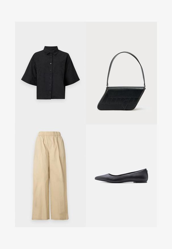 Sort cropped skjorte med krave, korte ærmer, knaplukning og subtil bølget teksturdetalje. Har en enkelt brystlomme.; Beige bukser med vidde ben, elastisk talje, fladt forstykke og blød stofstruktur. Har et løstsiddende design for komfort.; Sort flad lædersko med spidst tåparti og lav hæl, vist i sideprofil mod en hvid baggrund.; Sort skuldertaske i læder med trekantet form, præget logo og en enkelt justerbar rem. Minimalistisk design med glat tekstur.