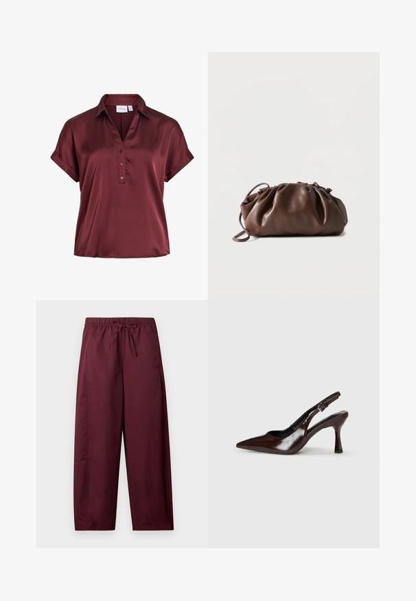 Blouse en satin à manches courtes couleur bordeaux foncé avec col, trois boutons sur le devant et manches à poignets repliés.; Pantalon ample couleur bordeaux avec taille élastique et cordon de serrage, jambes droites, sans poches visibles ni motifs.; Talons slingback en cuir verni brun avec un bout pointu, un talon fin, et une sangle réglable avec une petite boucle.; Sacoche en cuir marron doux avec un haut froncé et une fine bandoulière, posée sur un fond blanc.