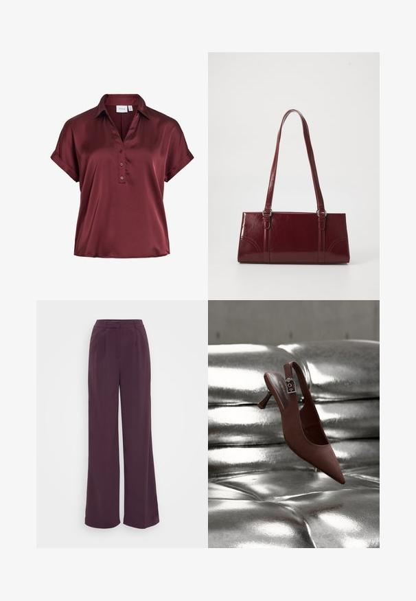Blusa de satén de manga corta en color burdeos profundo con cuello, tres botones delanteros y mangas con puños plegados.; Pantalones de pierna ancha en tejido morado profundo. Presentan una cinturilla ajustada con pliegues. Textura suave sin patrones ni herrajes visibles.; Zapato slingback marrón con punta, tacón bajo y correa con hebilla, reposando sobre una superficie acolchada plateada metálica y brillante.; Bolso burdeos hecho de material brillante, de forma rectangular, con dos asas para el hombro y sutiles acentos curvados en la parte frontal.